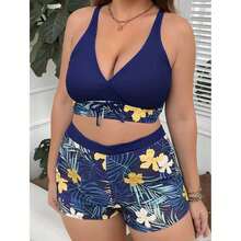 Plus Size Tankini Swimsuit Women - Blue Tropical Print Two Piece Swimwear HalterHigh Waisted Shorts Bathing Suit For Women 14W-30W - 多色1370 - 查看 2