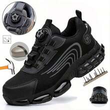 Unisex Steel Toe Safety Sneakers For Men And Women, Anti-Impact And Anti-Piercing Work Shoes,Comfortable Breathable Lightweight Safety Work Sneakers  Men,Rotary Button New Safety Shoes For Black,Lightweight & Anti-Slip Work Trainers With Air Cushion, Puncture-Proof & Smash-Resistant Design, Fashionable All-Season Shoes For Warehouse, Outdoor, Restaurant, Delivery & Training Use (For Women, This Size Is Slightly Larger, Please Choose Size 1.5 Smaller!) - 黑色 - 查看 1