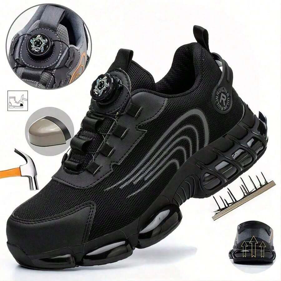 Unisex Steel Toe Safety Sneakers For Men And Women, Anti-Impact And Anti-Piercing Work Shoes,Comfortable Breathable Lightweight Safety Work Sneakers  Men,Rotary Button New Safety Shoes For Black,Lightweight & Anti-Slip Work Trainers With Air Cushion, Puncture-Proof & Smash-Resistant Design, Fashionable All-Season Shoes For Warehouse, Outdoor, Restaurant, Delivery & Training Use (For Women, This Size Is Slightly Larger, Please Choose Size 1.5 Smaller!) - 黑色 - 查看 1