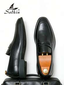 Salkin 奢华复古男士乐福鞋，柔软皮革鞋面，尖头设计，适合正式场合、商务绅士、社交活动、日常办公、派对、婚礼，也适合情侣约会、浪漫晚餐、节日礼物、返校季学生，百搭学院风，四季皆宜。建议选购大一码。 - 黑色 - 查看 6