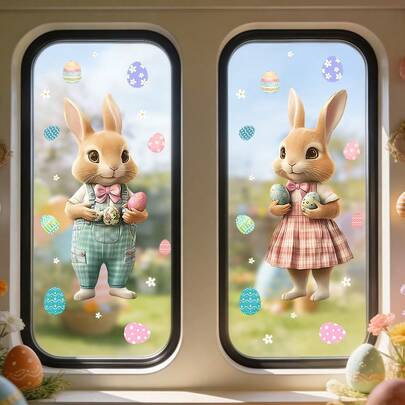 1/2 adet Paskalya temalı elektrostatik yapışkanlı pencere çıkartması. Çıkarılabilir, su geçirmez PVC malzemeden üretilmiştir. Renkli yumurtalarla süslenmiş pasta tutan sevimli bir tavşan figürü. Yatak odası ve Paskalya partisi ev dekorasyonu için uygundur.