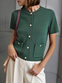 GIGOGOU Women's Casual Knit Cardigan Top With Pockets, Short Sleeve T-Shirt, Spring/Summer - Green - View 1