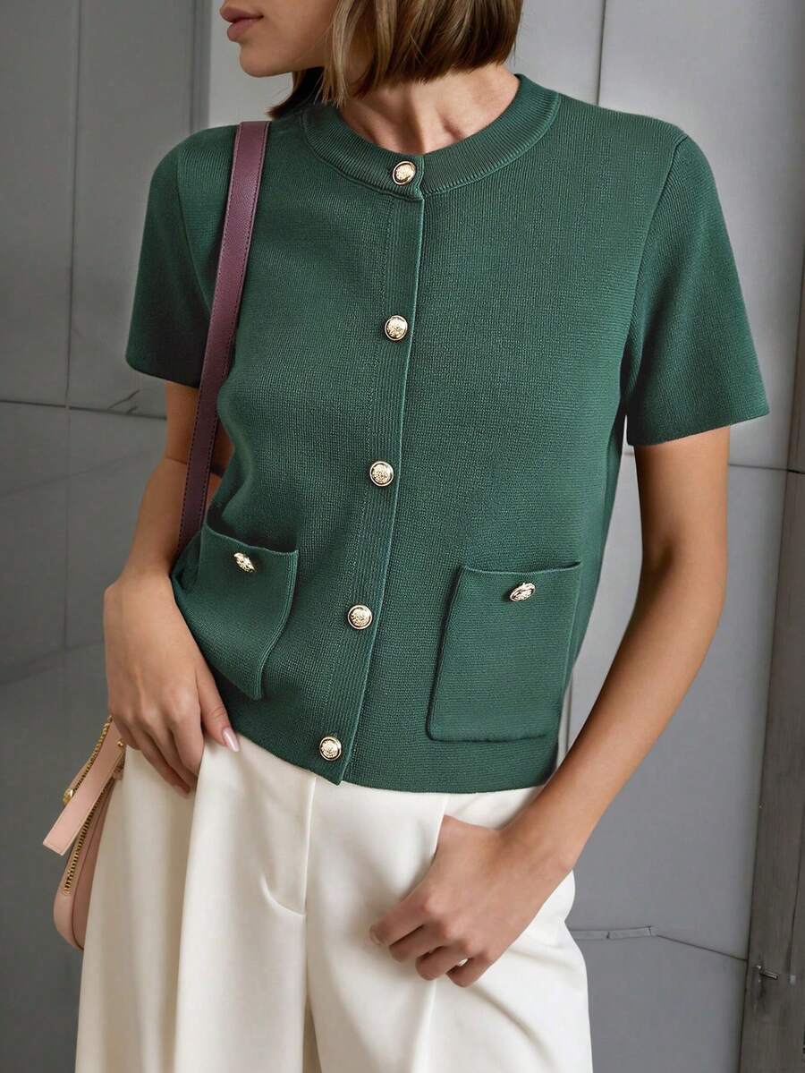GIGOGOU Women's Casual Knit Cardigan Top With Pockets, Short Sleeve T-Shirt, Spring/Summer - Green - View 1