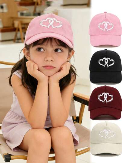 1顶儿童双心图案棒球帽，时尚男女童遮阳帽，防紫外线，可调节儿童休闲帽，适合日常/上学佩戴