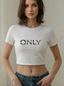 Women's New Arrival ONLY Letter Print Zebra Texture Round Neck Short Sleeve Casual T-Shirt, Spring/Autumn/Summer - White - View 2