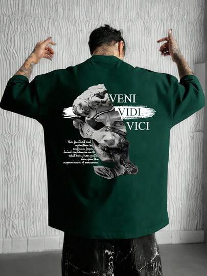 男士抽象雕塑肖像印花圆领短袖T恤，夏季