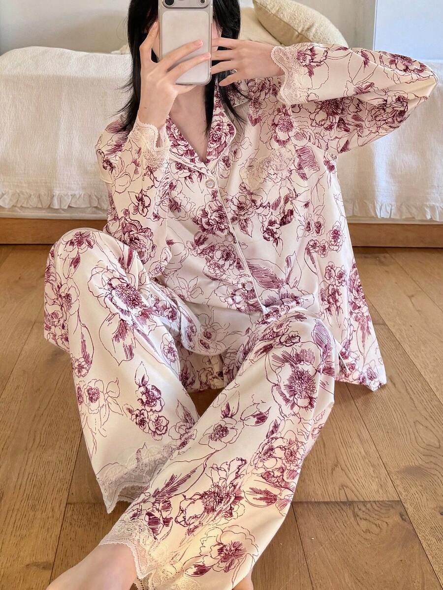 两件套蕾丝边撞色长袖长裤睡衣套装，碎花休闲家居服，四季皆宜 - 紅色 - 查看 1