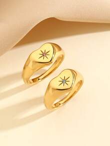 2pcs Stainless Steel Luxury Gold Heart-Shaped Casting Ring Set, Inlaid With Pink And Blue Rhinestones, Suitable For Women's Daily Wear Or As A Gift - Yellow Gold - View 8