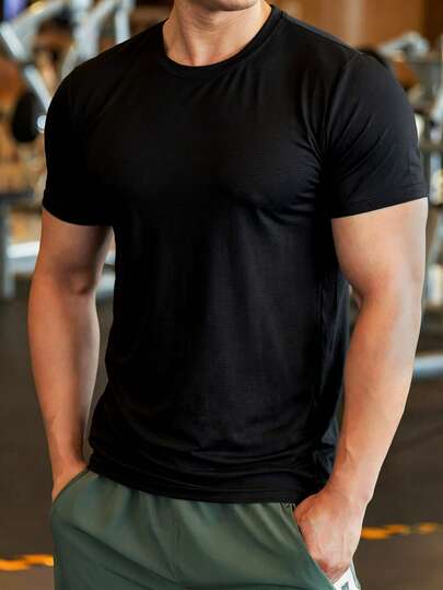 Men's Lightweight Textured Quick-Dry Short Sleeve T-Shirt, Breathable Comfortable Daily Quick-Dry Fitness Sports Casual Top, Spring/Summer