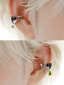 2pcs (1 Pair) No Piercing Black Cat & Green Apple Star Ear Cuffs, Elegant Sweet Cute Star Ear Clips - Apple Star Ear Bone Clip - View 2