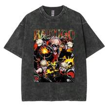 Anime My Hero Academy Bakugo Katsuki Logo Pattern T-Shirt 2026 Summer Men's Women's Luxury Fashion Retro Leisure Cotton T-Shirt - 灰色 - 查看 11