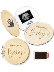 2件装 - 木质婴儿洗澡签到簿（中性设计），婴儿成长里程碑洗澡签到簿，附赠脚印印泥 - 复古签名系列，送给新手父母和准妈妈的贴心礼物 - 彩色 - 查看 1