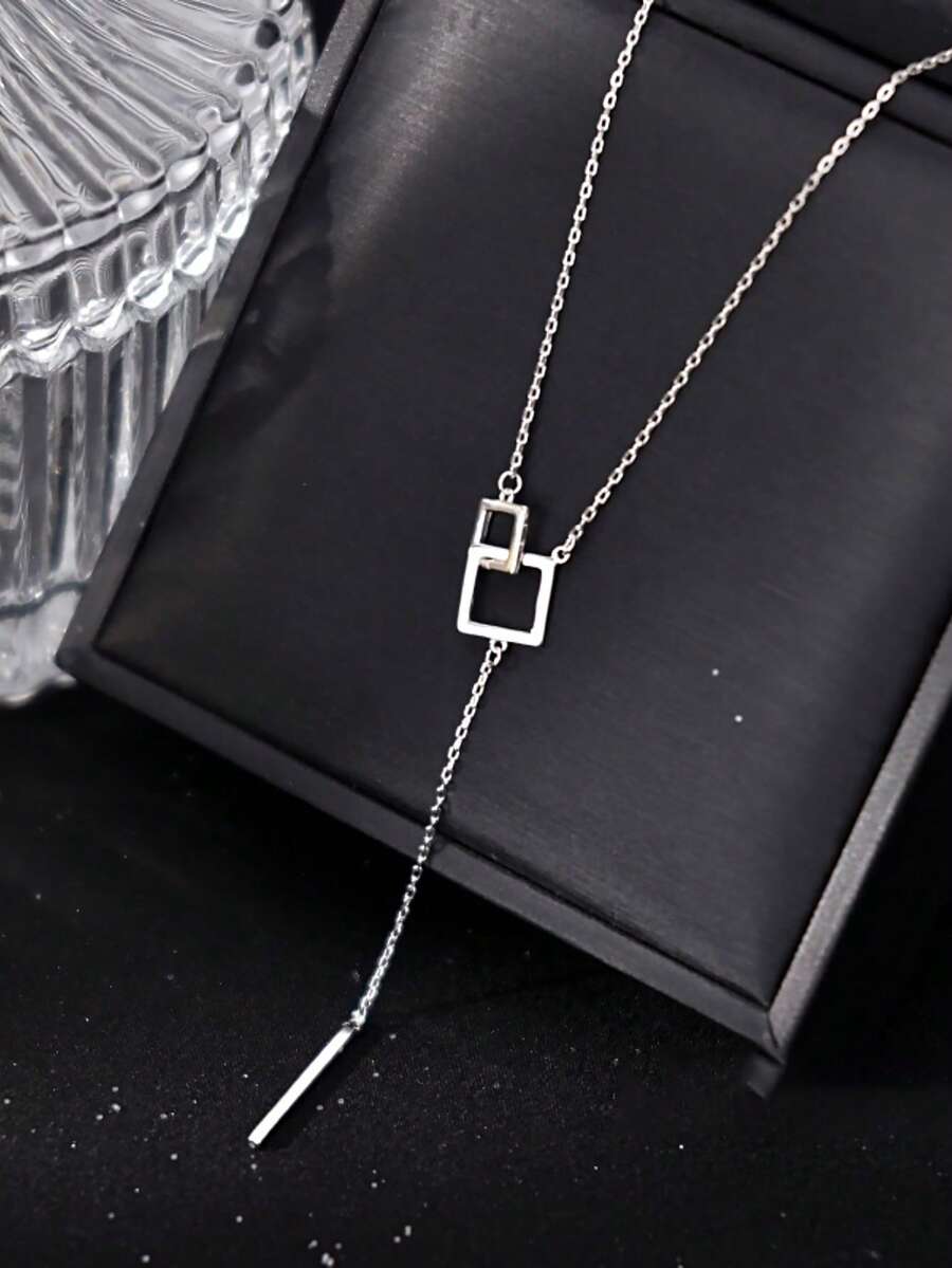 1pc S925 Sterling Silver Long Chain Tassel Necklace, Women's Luxury Hollow Square Pendant Necklace, Fashionable Unique Gift - Square - View 1