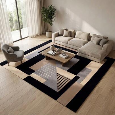 Dicht imitatie wollen tapijt van 1000 g - Zacht en comfortabel onder de voeten | Abstract geometrisch patroon in zwart, beige en grijstinten | Pluist nauwelijks, onderhoudsvriendelijk oppervlak, geschikt voor woonkamer/kantoor/lounge | Past bij moderne minimalistische, Scandinavische en eigentijdse interieurstijlen | Perfecte keuze voor een housewarming of huisrenovatie