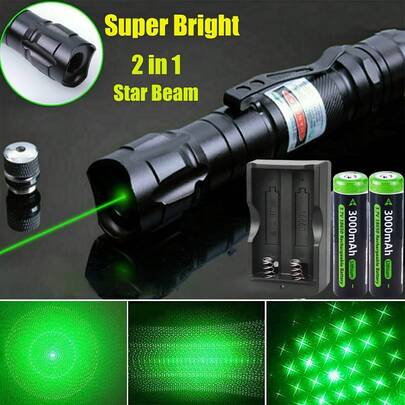 1 SET Rechargeable Green Laser Tactical Flashlight With 2PCS 18650 Battery, Durable Aluminum Body, Green Light Engineering Indicator Pen For Indoor Teaching, Night Observation, Research Pedants & Outdoor Activities, Ideal For Camping, Hunting
