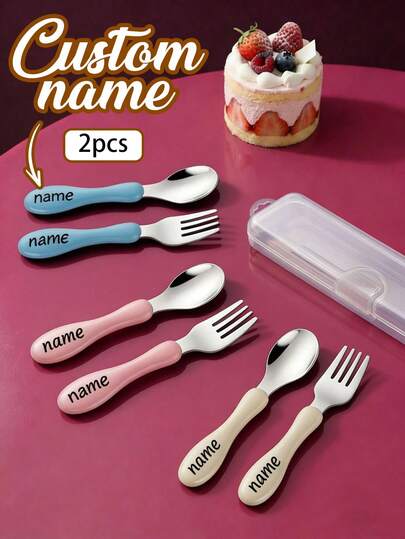 2Pcs Personalized 304 Stainless Steel Kids Name Tableware Set, Customized Tableware Sets, Custom Kids Name Spoon, Fork, Knife, Tea Spoon, Soup Spoon, Toddler Tableware, Customized Cute Tableware Set, Custom Baby Training Spoon, Children'S Creative Tableware Set, Birthday Commemorative Gift, Gift For Children, Christmas Gift, Halloween Gift, Gift For Party, Wedding, Birthday, Party, Spoon, Knife, Fork With Custom Name, Son, Daughter