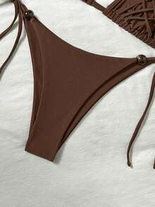 Bikinx 女士性感露背串珠交叉比基尼套装，侧边系带泳裤，高弹面料 - 鏽棕色 - 查看 5