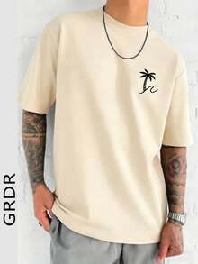 GRDR Camiseta de manga corta con cuello redondo y estampado de palmeras de moda para hombre, informal - Albaricoque - Ver 3