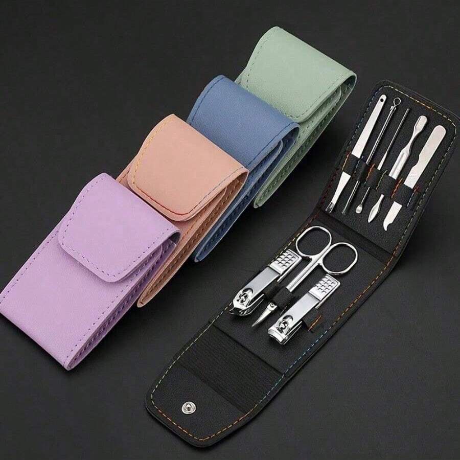 8pcs Stainless Steel Nail Clipper, Nail File, Ear Pick, Foldable Storage Bag, Manicure Tool Set - Multicolor - View 1