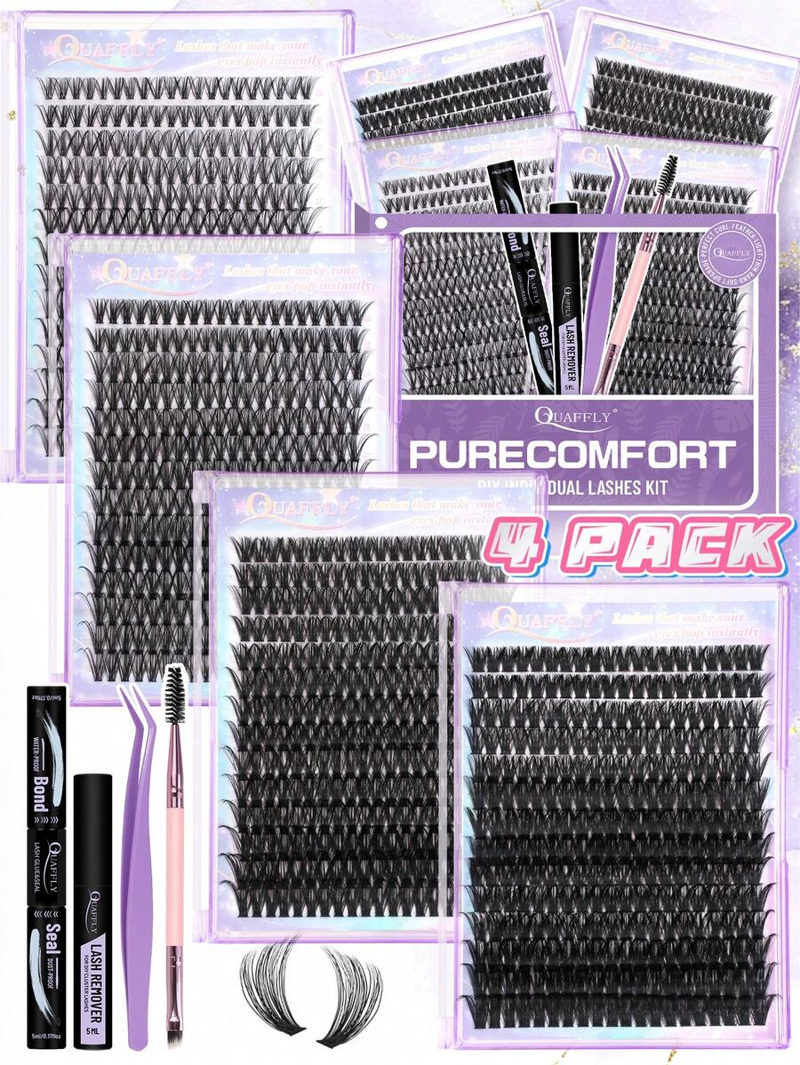 1120Pcs D Curl 4 Styles Lash Clusters Kit 10-18mm Eyelash Clusters Lash Kit Natural&Volume Lashes Clusters With Lash Bond&Seal/Remover/Tweezer/Brush Great Value Bundle - Black - View 1
