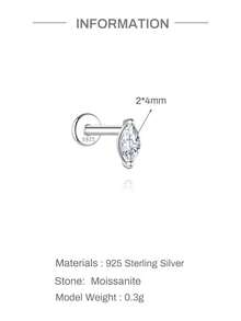 1Pc 925 Sterling Silver Moissanite Classic Horse'S Eye Multiple Sizes Stud Earring Hypoallergenic Pure Silver Flat Back Cartilage Helix Piercing Suitable For Women'S Daily Wear, Parties, Wedding, And Banquet Occasions - Silver - View 9