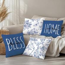 复古蓝色莫里斯花卉“祝福家园”四件套靠垫套，单面印花桃色天鹅绒，45*45厘米/18*18英寸枕套，适用于现代布艺沙发室内装饰、派对装饰、礼品 - 彩色 - 查看 7