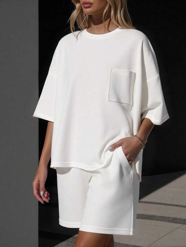 2pcs Women Solid Color Short Sleeve Round Neck T-Shirt And Shorts Set, Fashionable Casual Outfit For Spring/Summer, Suitable For Teachers, Office, Home, Street, Graduation, Back To School, Beach, Date Night, Workplace, Summer