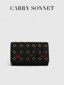 Black Rivet Embellished Evening Clutch Bag With Chain Strap Red Accent Envelope Style Women's Shoulder Bag, Suitable For Party And Wedding, Women's Handbag, Women's Gift - 彩色 - 查看 6