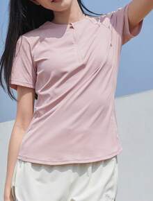 CAMEL CROWN 女士户外速干长款T恤，夏季轻薄透气吸湿排汗凉爽防晒圆领T恤 - 山茶粉 - 查看 1