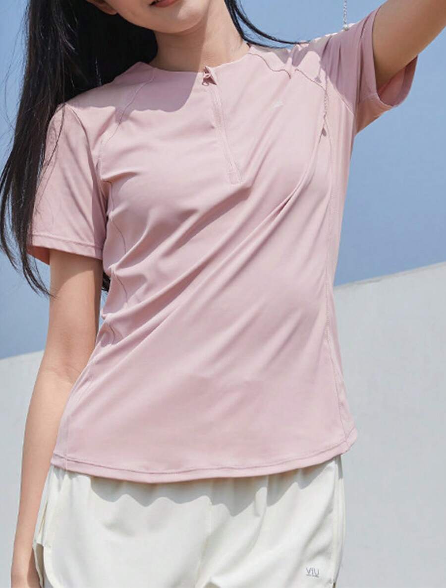 CAMEL CROWN 女士户外速干长款T恤，夏季轻薄透气吸湿排汗凉爽防晒圆领T恤 - 山茶粉 - 查看 1