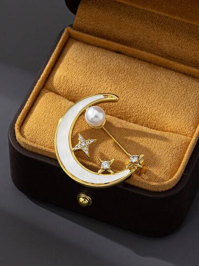 1 Pair White Moon Brooch, Fashionable Elegant Clothing Accessory, Unique Sophisticated Versatile Eid Decoration, Luxurious Refined Delicate Accessory