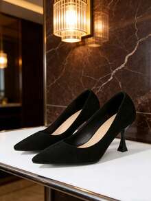 Zapatos de tacón alto negros para mujer, tacones de punta fina de ante, tacón delgado, para trabajo/vestimenta formal, talla 41, nueva llegada 2026 - Negro - Ver 3