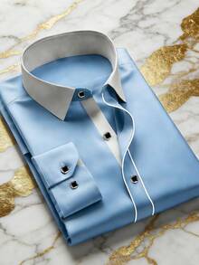 2026 春季男士修身长袖衬衫，浅蓝色撞色白色领口方扣水钻商务休闲衬衫 - 淺藍色 - 查看 7