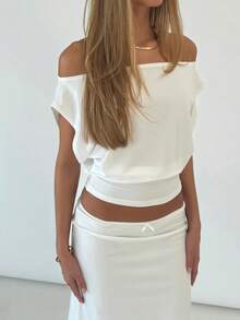 Women's Elegant Off-Shoulder Asymmetrical Top With Cinched  Stretch Blouse For Casual, Date Night And Evening Occasions - White - View 1