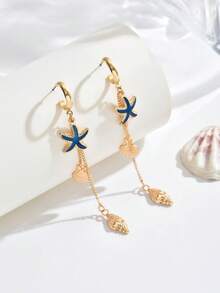 1 Pair Spring/Summer Ocean Style Seashell, Starfish & Blue Enamel Dangle Earrings, Versatile For Daily Wear, Gifts, Casual & Holiday - Yellow Gold - View 2