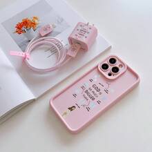 6er Set Jesus Psalm Muster rosa Bambus Handyhülle + Ladegerät Kopfabdeckung + Kabel Schutz + Aufbewahrungskordel + Datenkabel Wickelseil - Pink - Übersicht 2