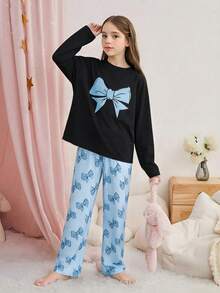 两件套优雅时尚女童睡衣套装，圆领长袖蝴蝶印花上衣搭配粉色长裤，适合儿童和女孩春、夏、秋、冬四季居家穿着。 - 淺藍色 - 查看 3