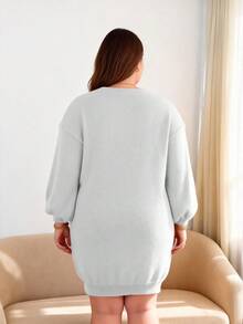 Women's Light Gray Ribbed Lantern Sleeve Sweater Dress, Casual - Light Grey - View 3