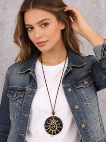 时尚百搭螺旋太阳形合金吊坠长项链，波西米亚风串珠圆盘颈链，男友/情侣礼物，日常佩戴 - 串珠 - 查看 4