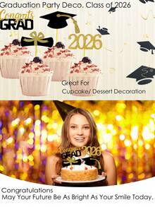 16件套2026毕业主题纸杯蛋糕装饰，闪光毕业帽装饰，2026毕业派对迷你蛋糕装饰，2026毕业证书帽，毕业主题生日派对装饰，祝贺2026毕业派对（黑金配色），高中/大学毕业派对（黑色），毕业派对用品（祝贺） - 博士帽插牌套裝 - 查看 4
