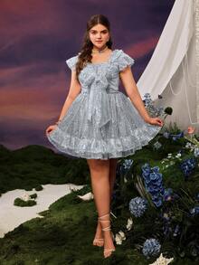 Faeriesty Elegant Sparkling Short Sleeve Dress With V-Neck, Ruffled Collar, Oversized Bow Detail For Wedding Photoshoot, Garden Ceremony, Outdoor Engagement - Silver - View 5