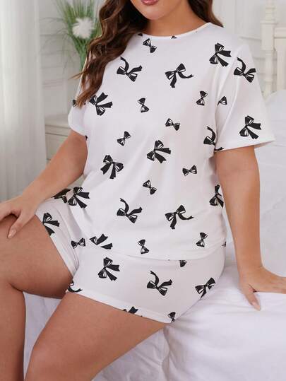 2pcs White Base Minimalist Black Bow Print Pajama Set, Comfortable Short Sleeve Round Neck Pullover Shirt And Loose Elastic Shorts, Stylish For Outdoor And Indoor Wear, Suitable For All Seasons