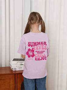Tween Girl Hibiscus Flower Print T-Shirt, Soft And Comfortable Fabric, Suitable For Girls To Wear For Travel, Vacation, Outdoor Sports, Daily Wear, Casual Travel, Best Choice! Fashionable Tween Girls Casual Versatile Top For Spring And Summer - Mauve Purple - View 2