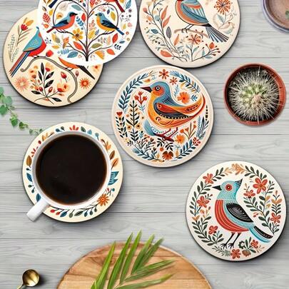 6pcs Bohemian Style Bird & Floral Pattern Wooden Coasters - Vibrant Art Coffee & Tea Mats - Ideal For Home Decor, Great Gift For Parents & Friends, Perfect Accessory For Coffee Bar
