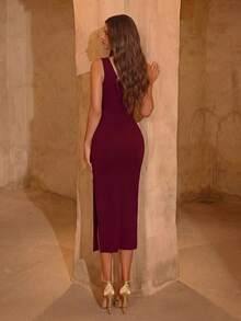 ADYCE White Sleeveless V-Neck Ruffle Front Slit Party Dress, Elegant For Cocktail Party, Semi-Formal Dance, Wedding Guest Attire, Suitable For Birthday, Dinner, Homecoming, Summer Formal, Graduation, New Year And Other Occasions Spring - Burgundy - View 2