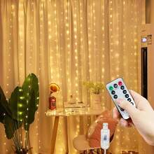 1pc USB Powered Curtain Lights, 600/300/200/100 LED String Lights, 8 Modes, Suitable For Birthday, Wedding, Party, Room, Window, Holiday Decoration (Remote Control Batteries Not Included) - USB Plug - View 18