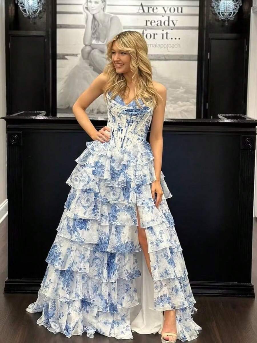 High Sense Spring And Summer Off-The-Shoulder Fashion Chiffon Printing Fairy Long Temperament Evening Dress Dress - 藍色 - 查看 1