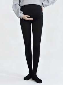 1件孕妇黑色高腰紧身裤，可调节腹部支撑，中等厚度棉质，春秋季弹力修身踩脚裤袜（15-25℃） - 彩色 - 查看 2