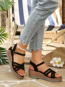 女士休闲魔术贴沙滩凉鞋，厚底坡跟，镂空编织皮革绑带凉鞋 - 黑色 - 查看 7