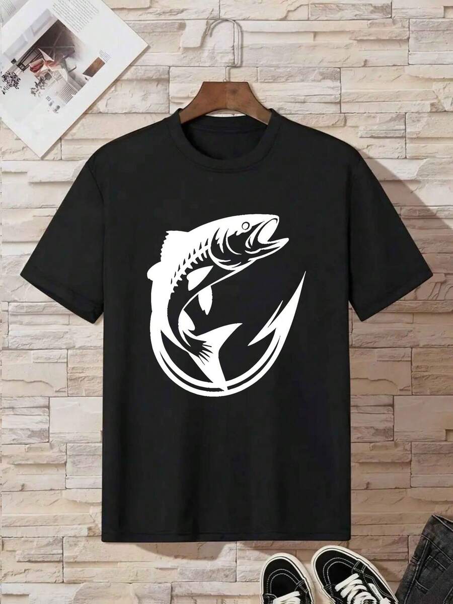 Rosa Baumwoll-T-Shirt für Jungen mit Fisch- und Hakenmotiv – Lässiger Rundhalsausschnitt, kurze Ärmel, atmungsaktives Material, ideal für den Sommer | Sommertop | Motivprint, Sommeroutfits für Jungen - Schwarz - Übersicht 1